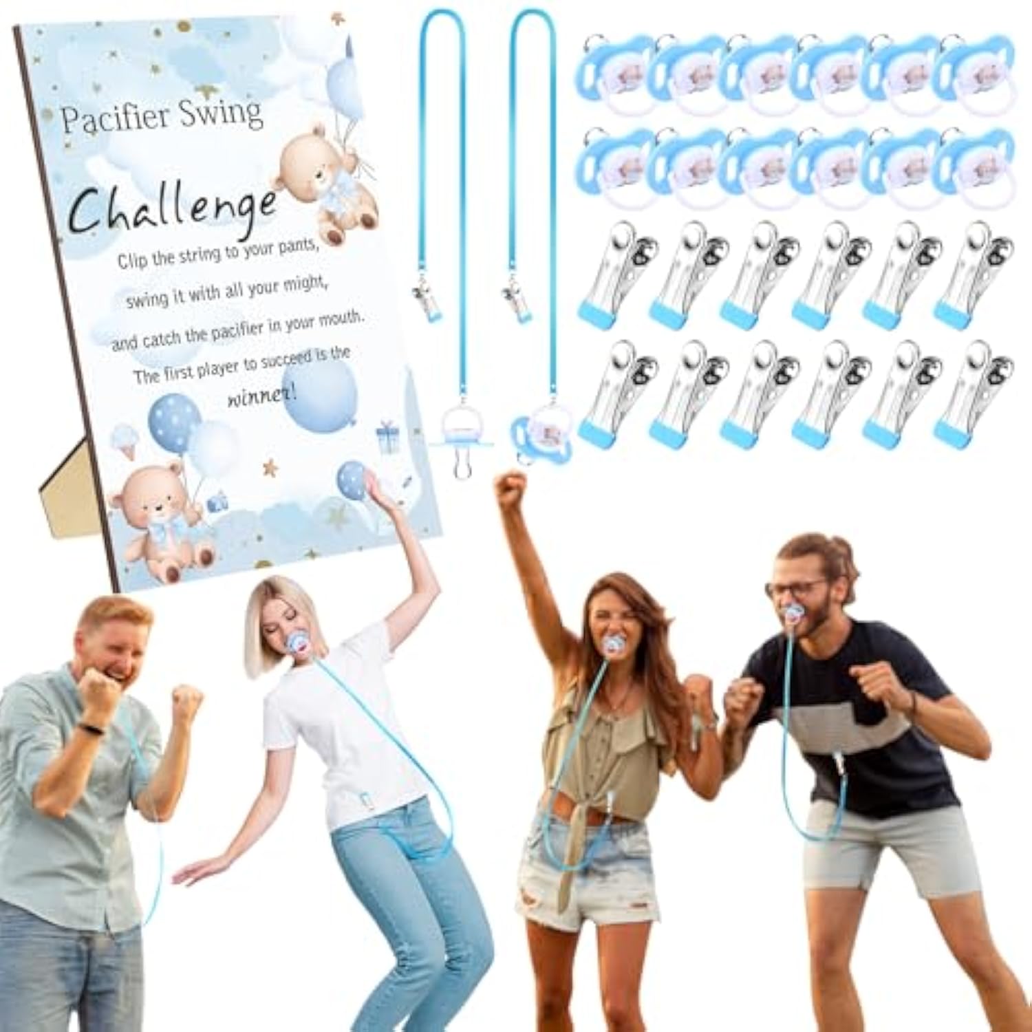 12 Sets Swing Pacifier Baby Shower Games Funny Gender Reveal Games, Include 1 Wooden Sign And 12 Pacifiers For Bridal Shower Gender Reveal Party Favors Women Men(Bear,Blue)