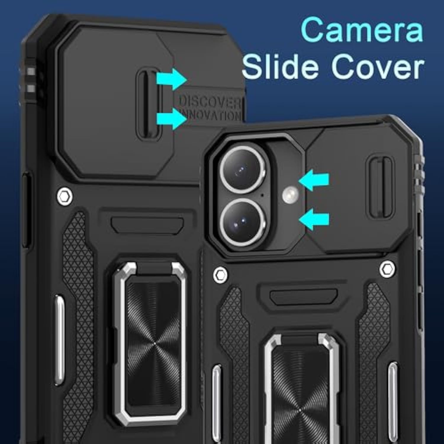 Case For Iphone 16 With Slide Camera Cover+Screen Protector (2 Packs), Rotated Ring Kickstand Military Grade Shockproof Protective Cover-Black