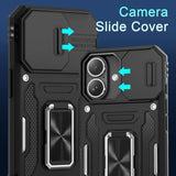 Case For Iphone 16 With Slide Camera Cover+Screen Protector (2 Packs), Rotated Ring Kickstand Military Grade Shockproof Protective Cover-Black