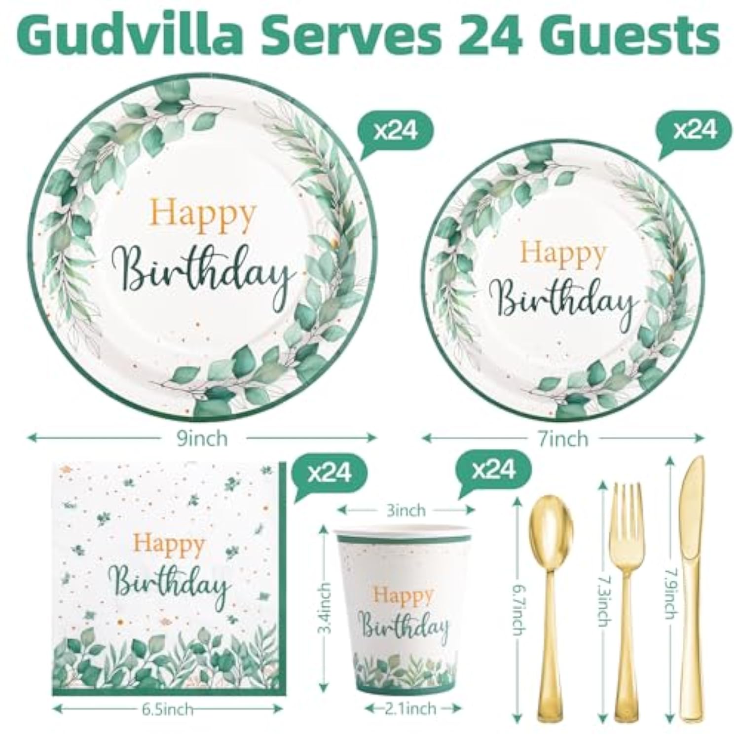 Sage Green Birthday Decorations, Sage Green Birthday Plates And Napkins For Women 168Pcs, For Boho Neutral Green And Gold Decorations, Serve 24