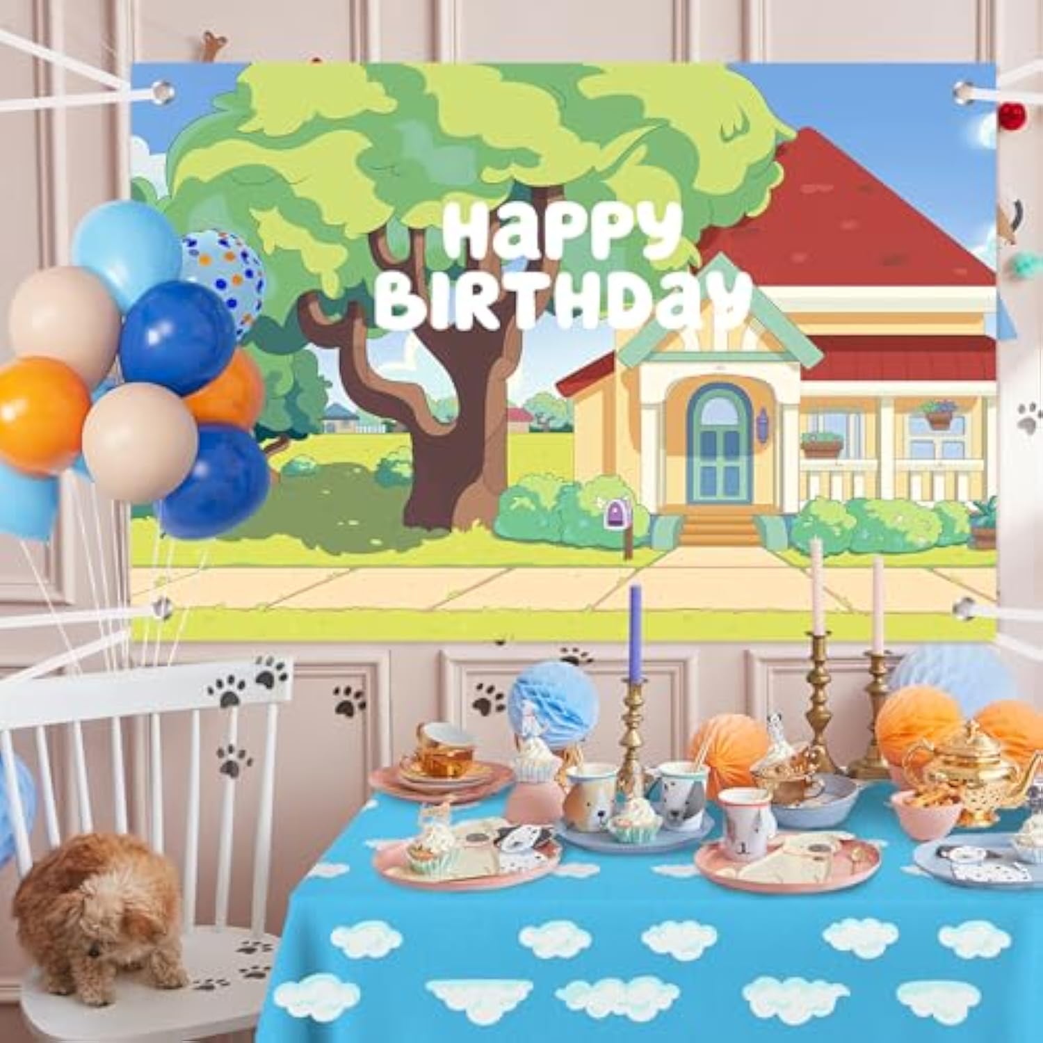118 Pcs Dog Blue Party Decorations – Paw Balloon Garland, Backdrop & Tablecloth