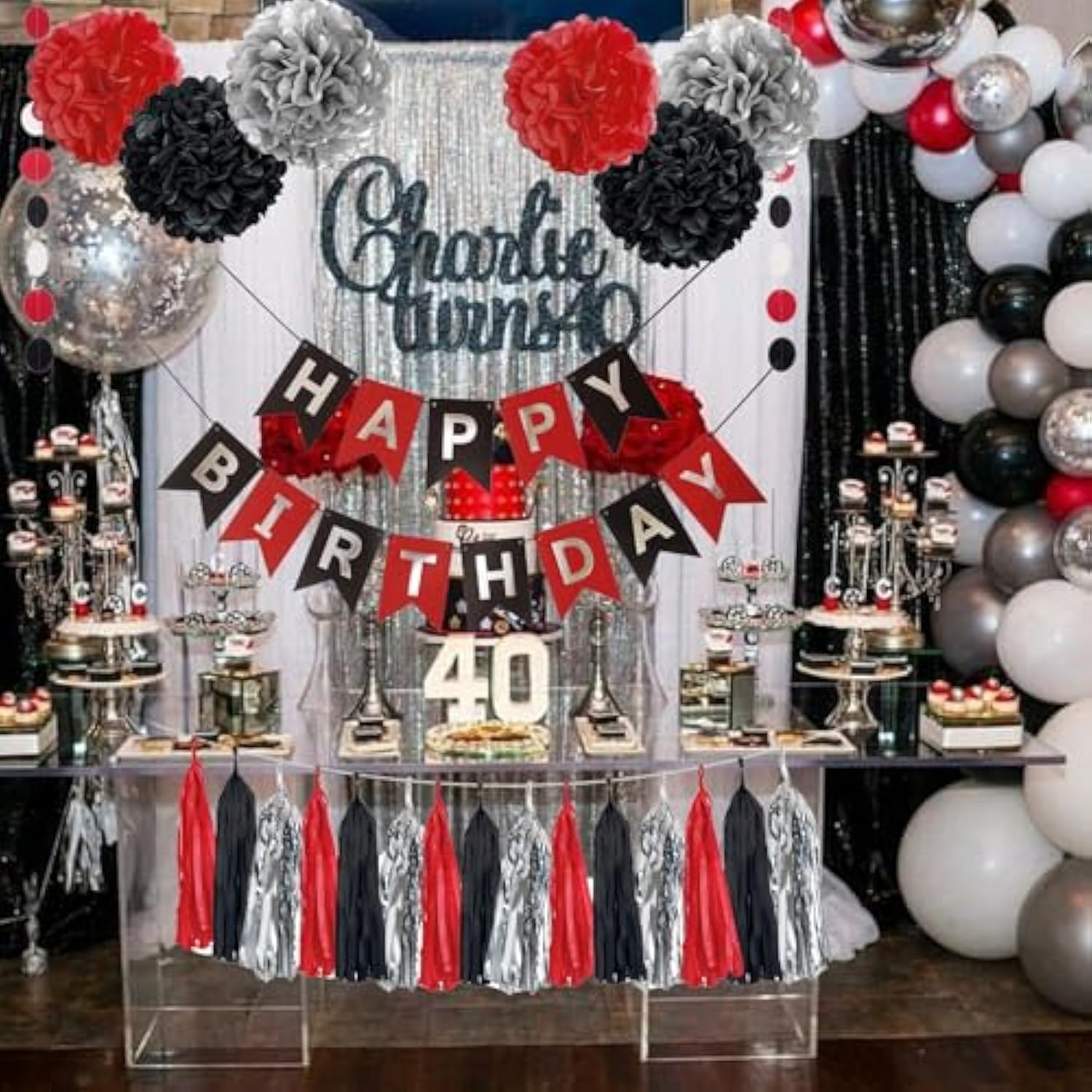 24Pcs Red Black Silver Birthday Party Streamers Backdrop Decorations For Adult Women Men 21St 30Th 40Th 50Th 60Th 70Th Birthday Banner Party Table Centerpieces Wall Hanging Paper Flowers Garland Décor