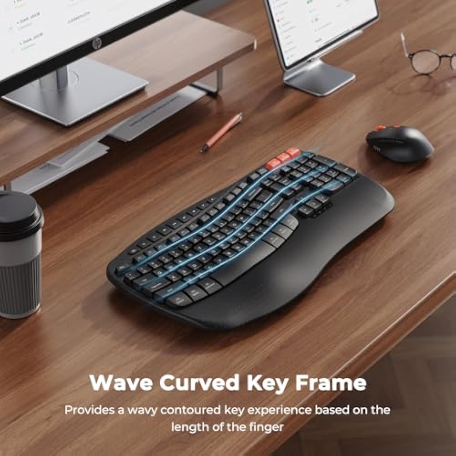 MEETION Wave Ergonomic Keyboard and Mouse Wireless, USB/Bluetooth Wave Ergo Keyboard with Wrist Rest, 4 DPI Adjustable Swing Wheel Silent Wireless Mouse Rechargeable for Windows/Mac/Android Director-D