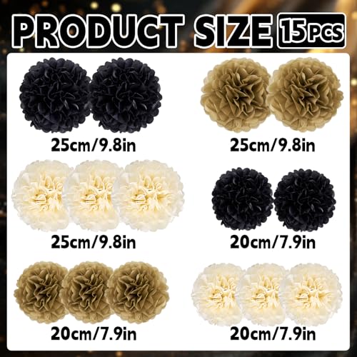 15 Pcs Black Gold Cream Tissue Paper Pom Poms Black and Gold Party Decorations Hanging Paper Flowers Decor for Prom 2026 Graduation Birthday Wedding New Year Home Wall Ceiling Decor