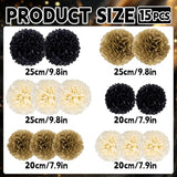 15 Pcs Black Gold Cream Tissue Paper Pom Poms Black and Gold Party Decorations Hanging Paper Flowers Decor for Prom 2026 Graduation Birthday Wedding New Year Home Wall Ceiling Decor