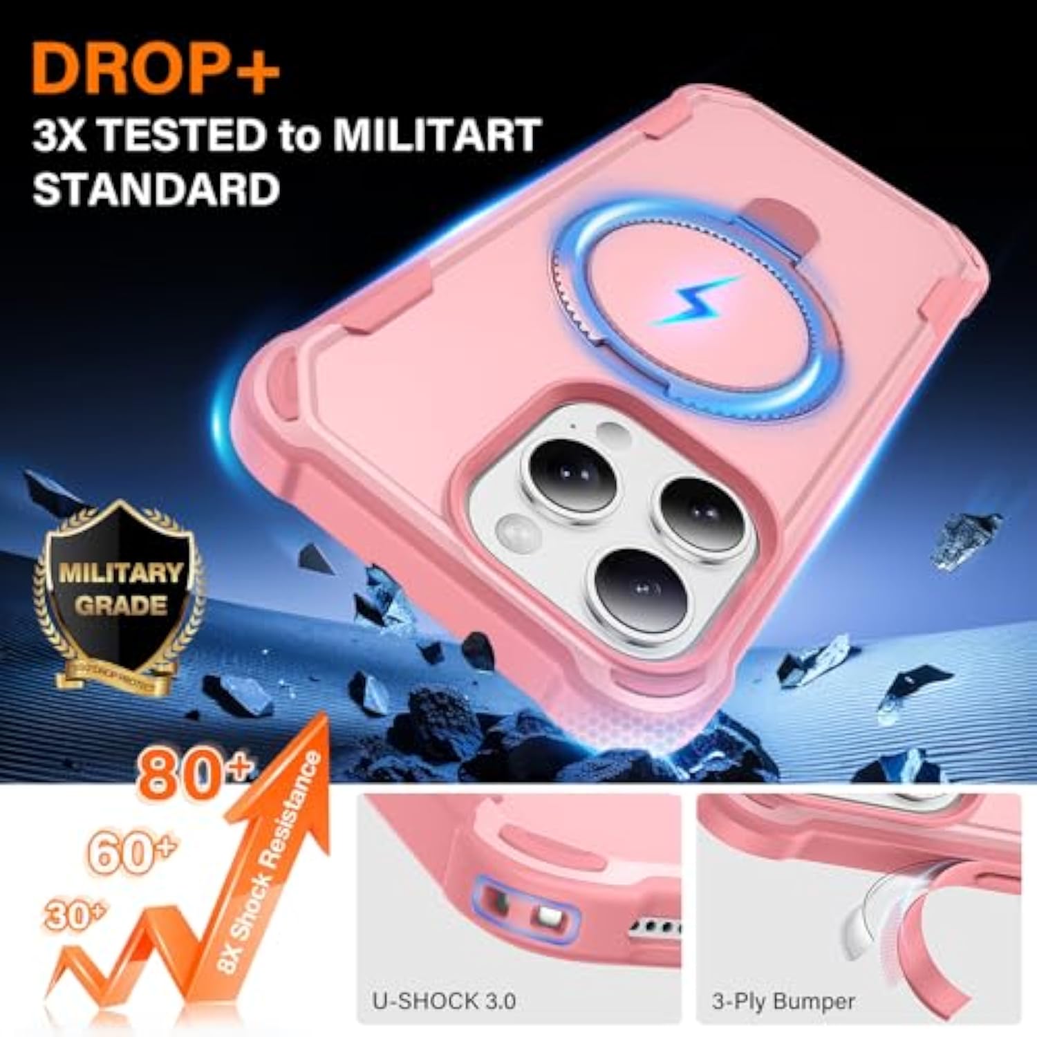 Designed For Iphone 16 Pro Max Case With Magnetic Stand [Military Drop Protection][Compatible With Magnet] Shockproof 16 Pro Max Phone Case With Ring Holder, Pink