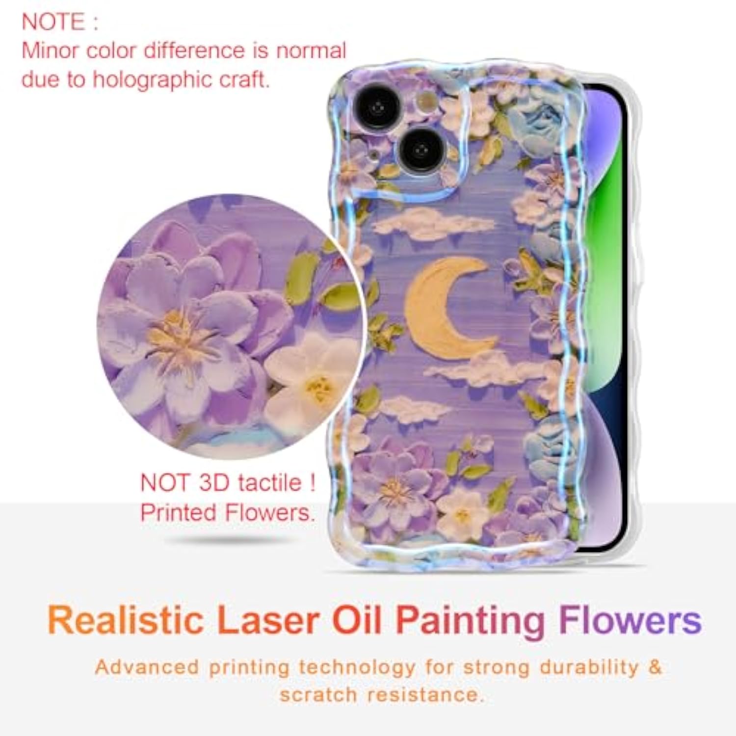 Case For Iphone 13, Colorful Retro Oil Painting Flower Moon Pattern Laser Cute Curly Wave Edge Exquisite Phone Cover Stylish Durable Tpu Protective Case For Girls Women - Purple White