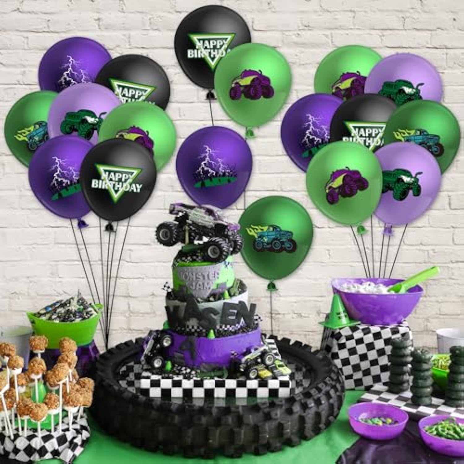 Monster Truck Birthday Balloon - 50Pcs Green Purple Monster Truck Lightning Print Latex Balloon Kit For Kid Boy Baby Shower Happy Birthday Themed Party Decoration Photo Prop Backdrop Supply