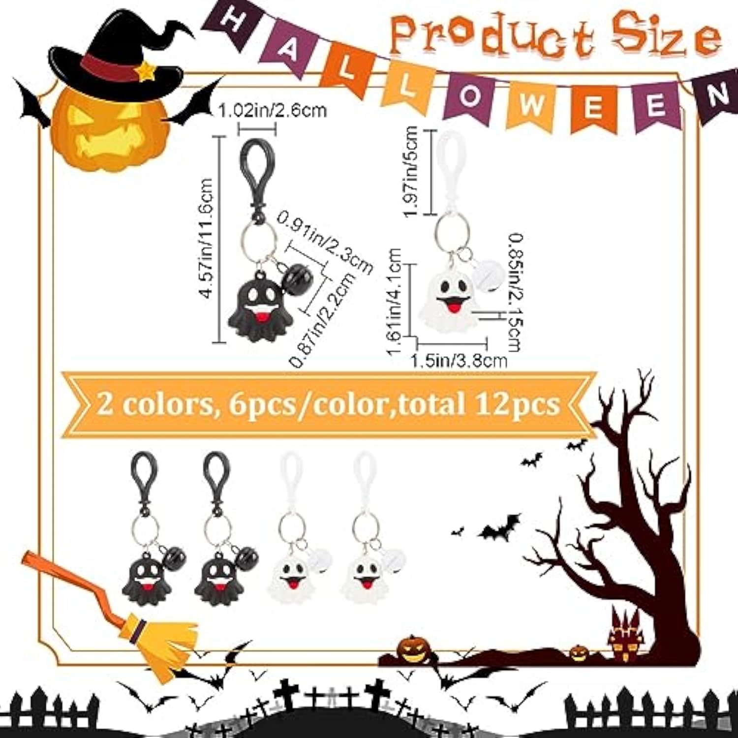 12Pcs Halloween Theme Keychain Cartoon Ghost Keyrings With Bell Charm Pvc Pendants Hanging Key Chain Keyrings For Wallet Backpack Charm Decorations Pendant Supplies Black White