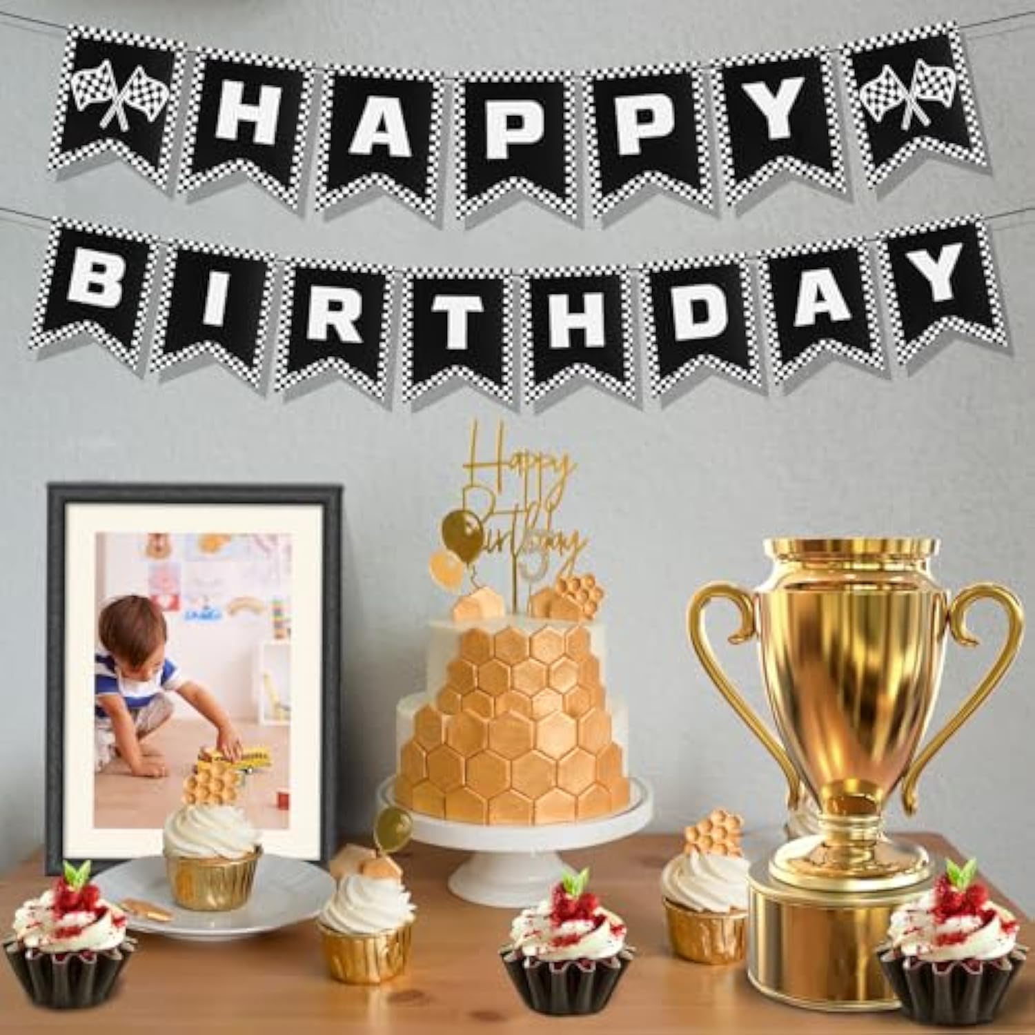 Race Car Happy Birthday Banner, Checkered Flag Decorations for Racing Theme Party