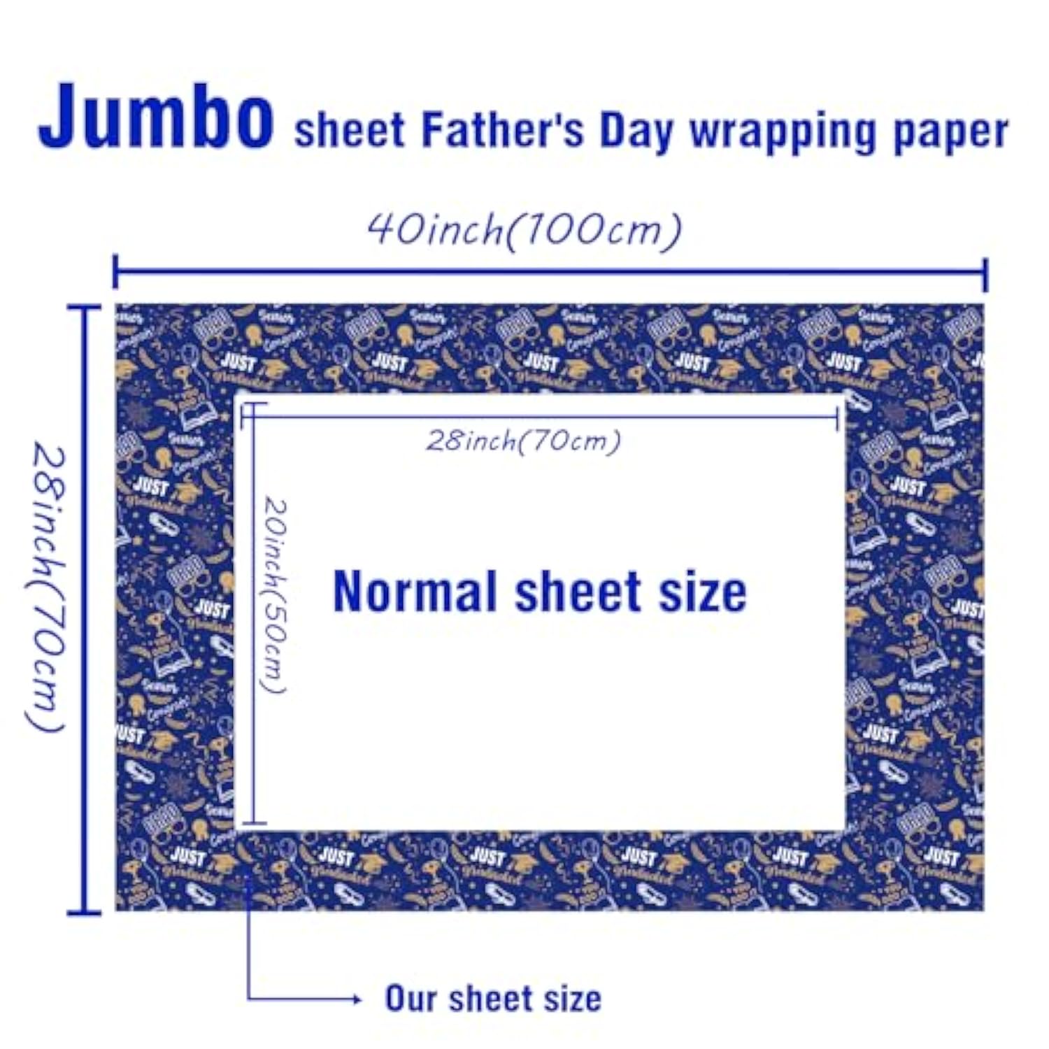 28 X 40 In Graduation Wrapping Paper Navy Gold Class Of 2025 Graduation Cap Assorted Design, Folded Flat Gift Wrap Paper - 6 Jumbo Sheets For School College Congrats Grad Party Celebration