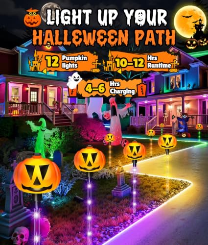 12 Pack Halloween Outdoor Decorations Solar Pathway Stake Pumpkin Lights