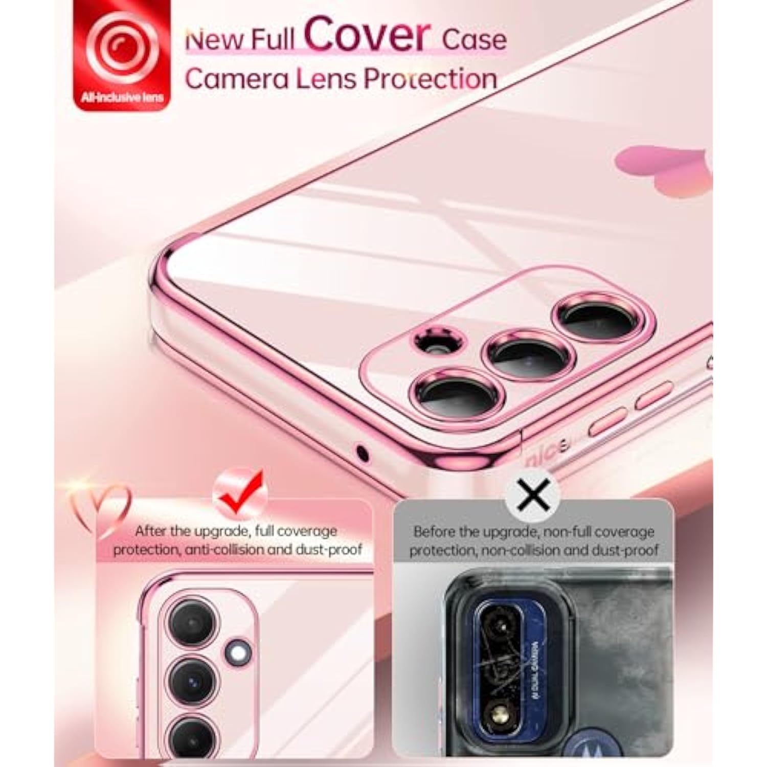 For Galaxy A35-5G Phone Case: Tempered Glass Screen Protector [2 Pcs]+ Full Camera Lens Protection, Love Heart Plating Girly Women Luxury Soft Tpu Shockproof Case For Samsung A 35 5G, Pink