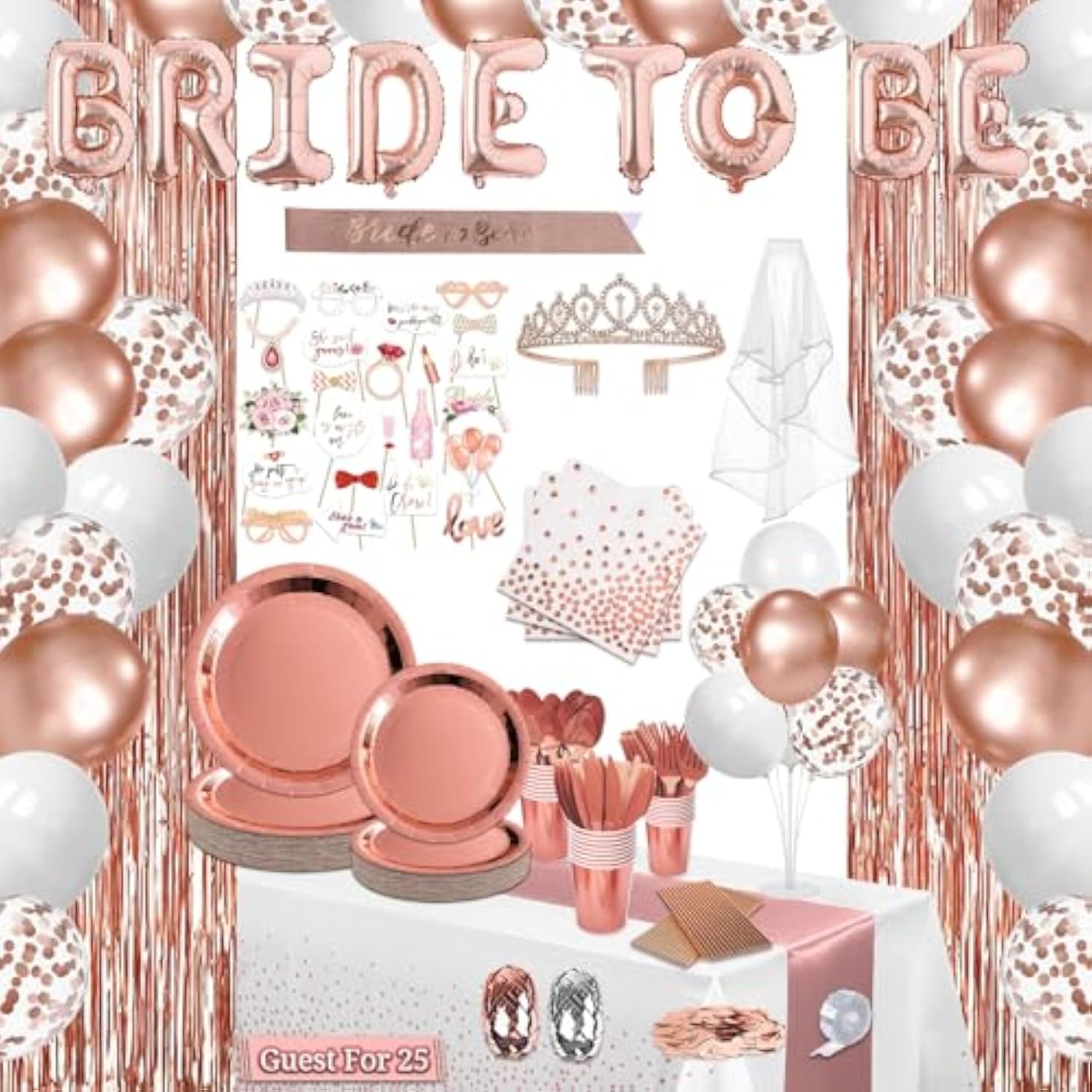 Rose Gold Bridal Shower Decoration Kit: Bachelorette Party Supplies for 25 Guests