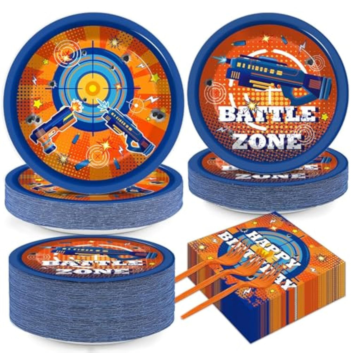 200 Pcs Dart War Birthday Party Supplies Gun Game Theme Tableware Set Nerf Paper Plates And Napkins Dart Battle Gunfight Game Decorations Gun Happy Party Favors For Boys Serves 50