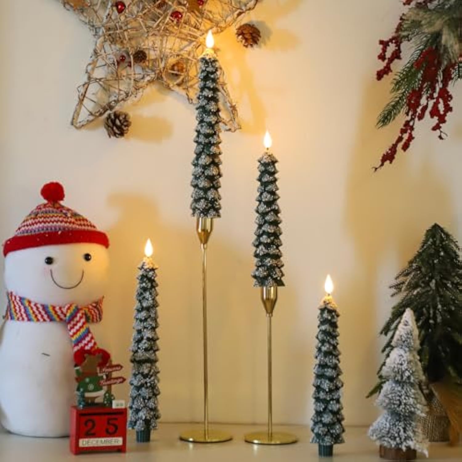 4 Pcs Flameless Taper Candles, Christmas Tree Candles With Remote, Battery Operated Candlesticks, Flickering Led Window Candlelights Real Wax Christmas Candlesticks H9.45,11.4”Green