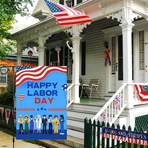 Happy Labor Day Garden Flag 12x18 Double Sided Vertical, Burlap Various Occupations People Small Garden Yard Flags Labor Day Outside Outdoor Decoration (ONLY FLAG)