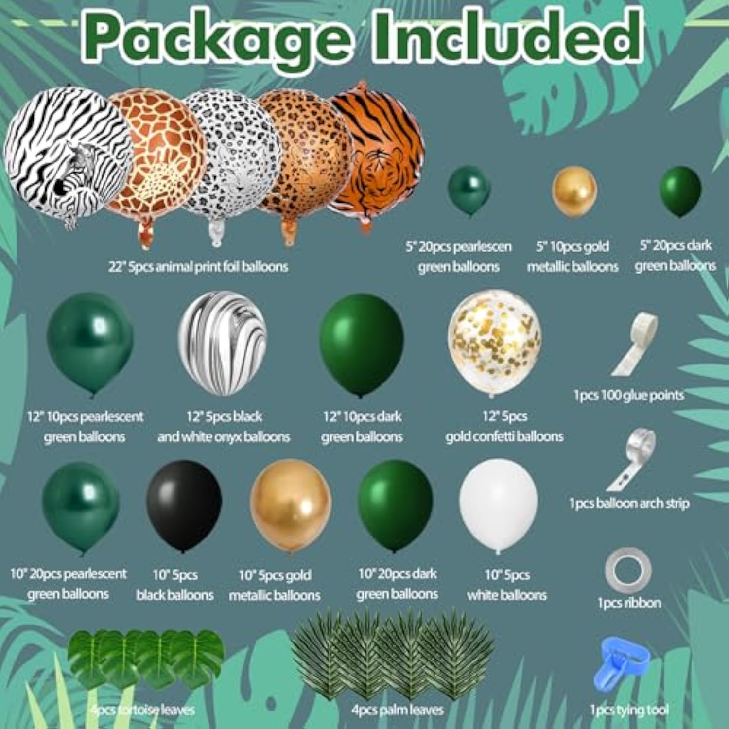 Jungle Safari Balloon Arch Kit: Green & Gold Party Garland with Palm Leaves