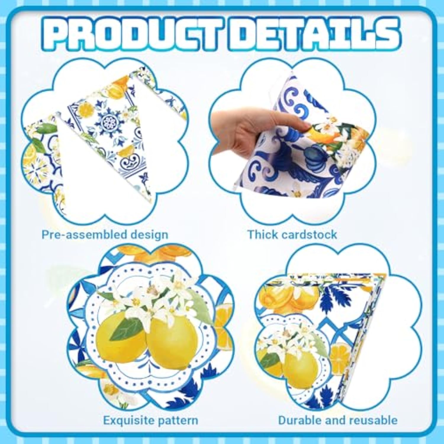 5 Pcs Blue Tiles Lemon Decor Lemon Bunting Banners Blue Tiles Paper Pennant Garlands Lemonade Hanging Triangle Flags For Wedding Birthday Bridal Shower Bachelorette Party Decorations