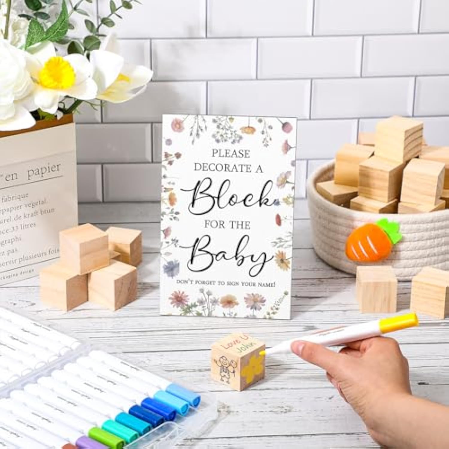 75 Pcs Baby Shower Games Sign Kit Including Decorate A Block Game Sign 50 Diy Blank Wooden Block 24 Acrylic Paint Marker Baby Shower Prize For Winners Gender Reveal(Pastel,Wildflower)