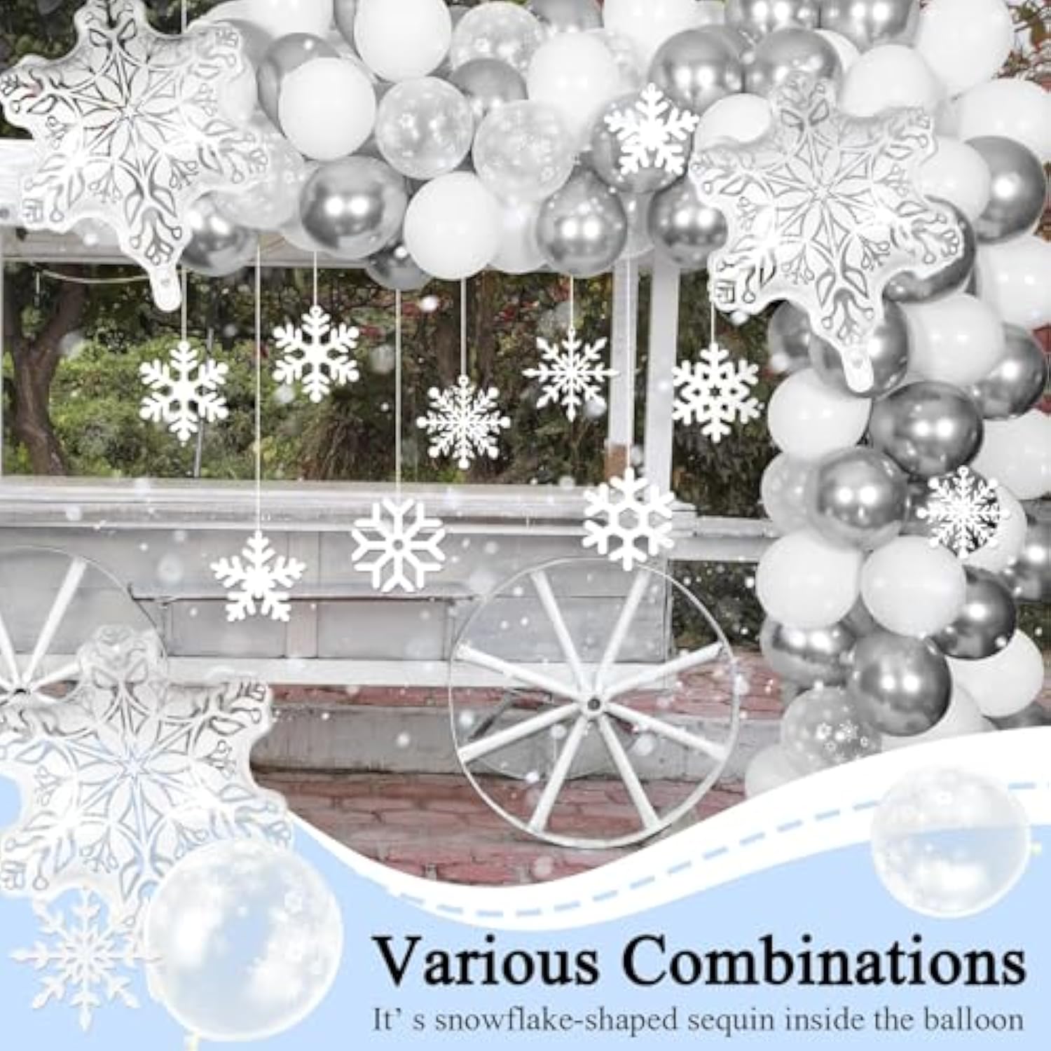White Silver Snowflake Balloons Garland Arch Kit Metallic White Silver Confetti Latex Balloons With Clear Snowflake Decor For Winter Wonderland Christmas Baby Shower Birthday Party Decorations