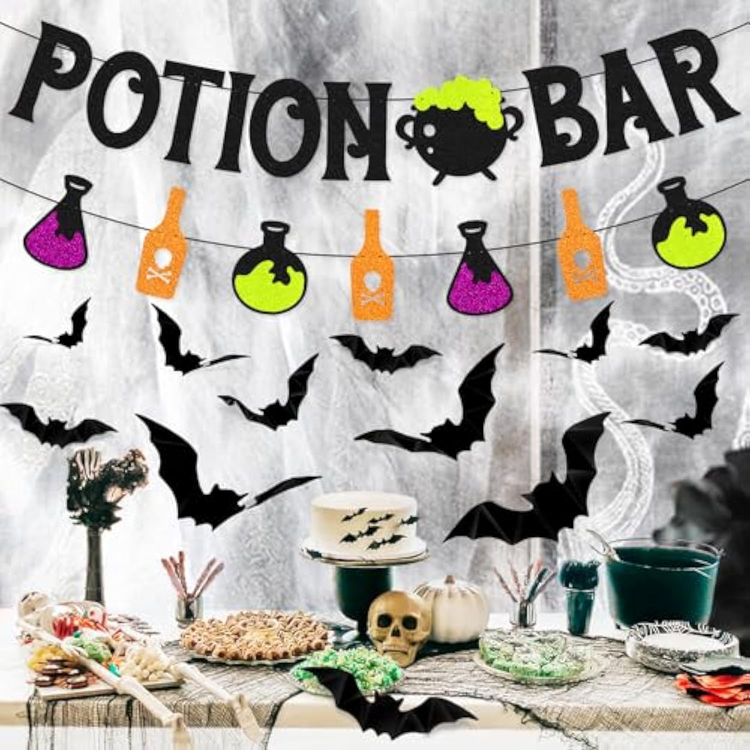 Potion Bar Banner Halloween Party Decorations with 3D Bat Wall Decor for Kids