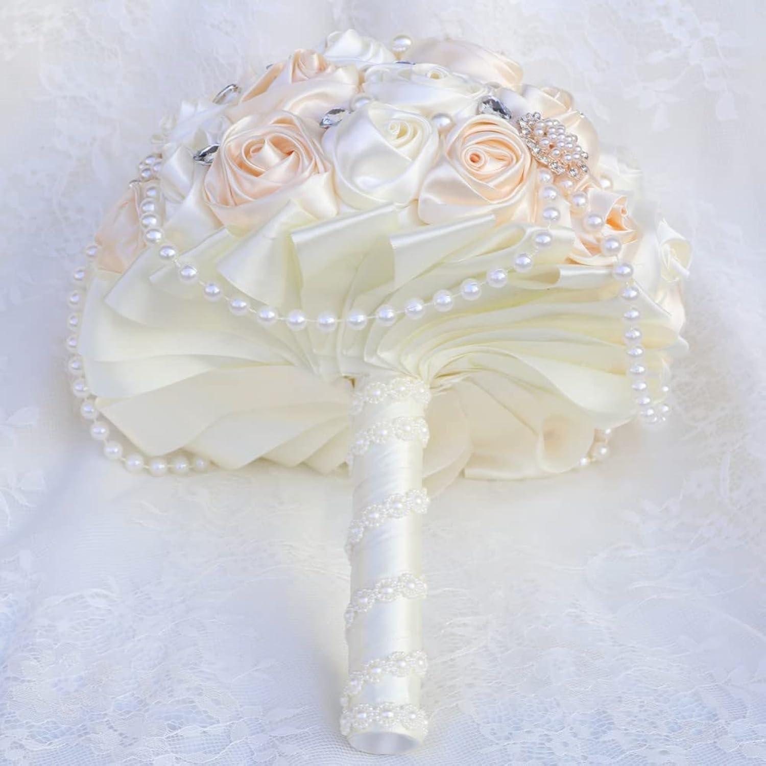 Ivory And Champagne Bridal Wedding Bouquet With Rhinestone Brooch Pearl String Cascade Bouquet For Bride Bridesmaid Quinceanera Satin Rose Flower Bouquet Wedding Champagne And Ivory 8.7In