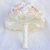 Ivory And Champagne Bridal Wedding Bouquet With Rhinestone Brooch Pearl String Cascade Bouquet For Bride Bridesmaid Quinceanera Satin Rose Flower Bouquet Wedding Champagne And Ivory 8.7In