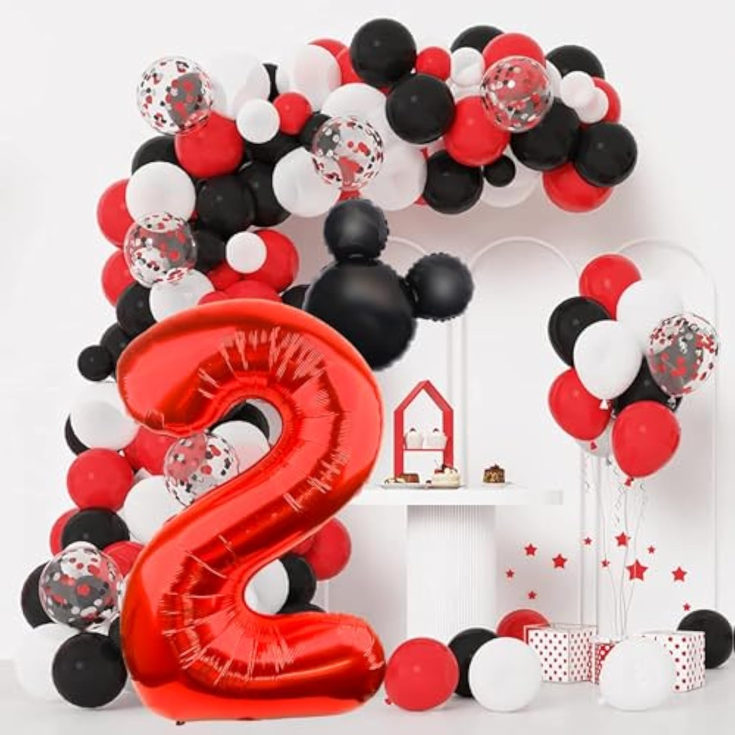 Mouse Number 2 Balloon 40 Inch Red Number 2 Balloon Mini Mouse Head Balloons For 2Nd Birthday Party, Black Red Large Numeral Two Foil Balloons For Baby Shower Anniversary Supplies Decoration