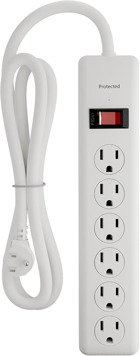 Surge Protector Power Strip 6 Outlets 600J 4FT Flat Plug Extension Cord White