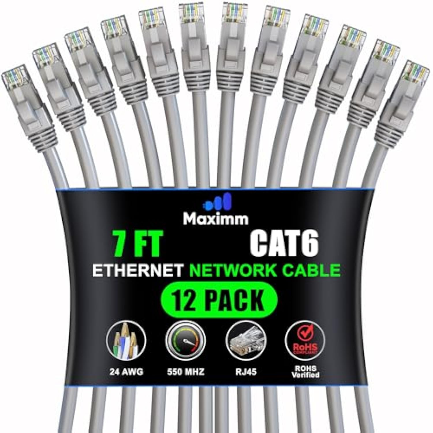 Maximm Cat 6 Ethernet Cable 7 Ft, (12-Pack) Cat6 Cable, LAN Cable, Internet Ca