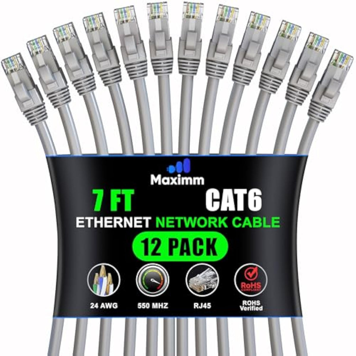 Maximm Cat 6 Ethernet Cable 7 Ft, (12-Pack) Cat6 Cable, LAN Cable, Internet Ca