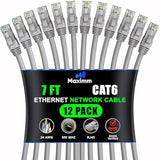 Maximm Cat 6 Ethernet Cable 7 Ft, (12-Pack) Cat6 Cable, LAN Cable, Internet Ca