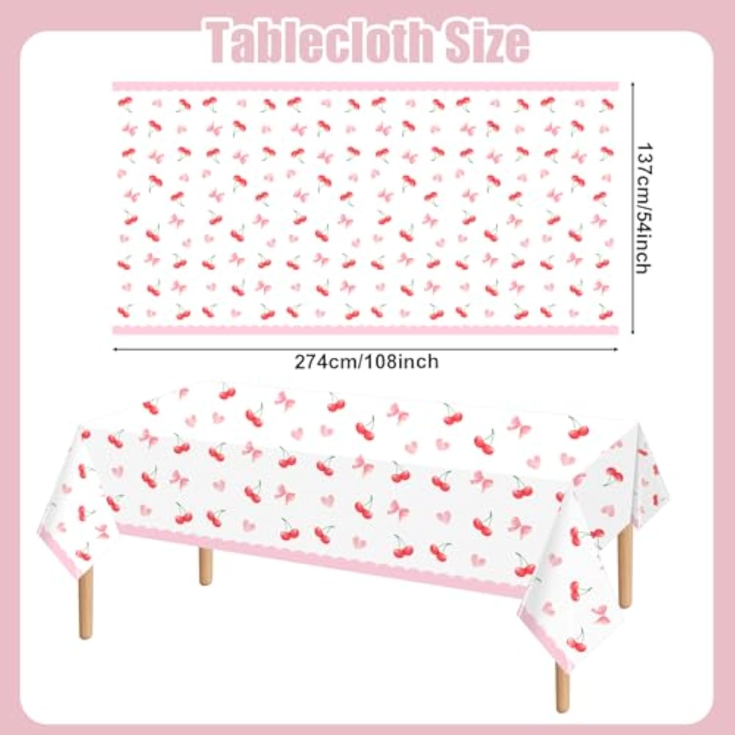 3Pcs Pink Bow Cherry Plastic Tablecloth, 54 X 108 Inch Waterproof Cherry Heart Party Table Cover, Coquette Cherry Birthday Decorations For Wedding, Baby Shower, Girls Birthday Party Supplies