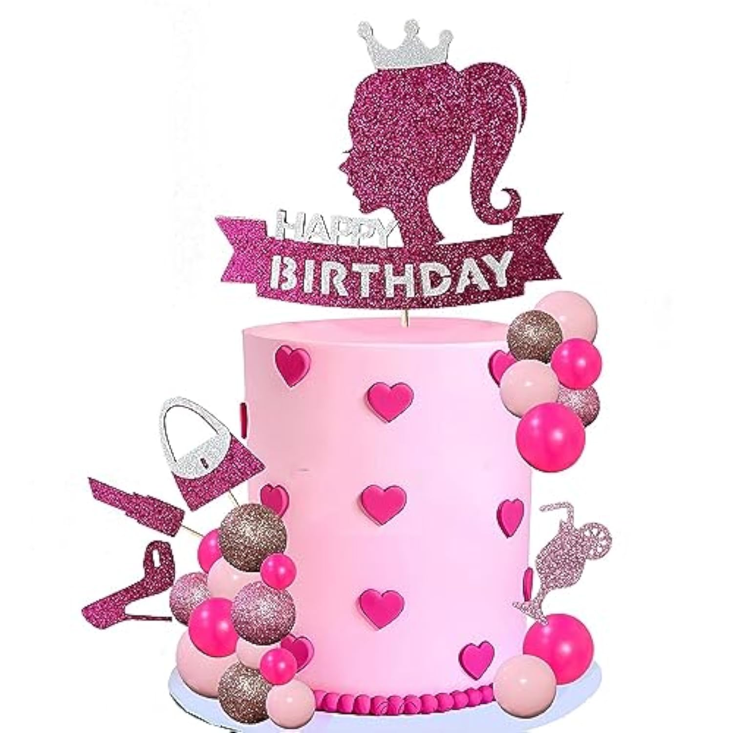Hot Pink Girl Princess Cake Decorations - Glitter Happy Birthday Cake Topper With 20 Balls For Cake Decorating & 12 Girls Cupcake Toppers, Perfect Birthday Baby Shower Party Supplies For Barbie Fans