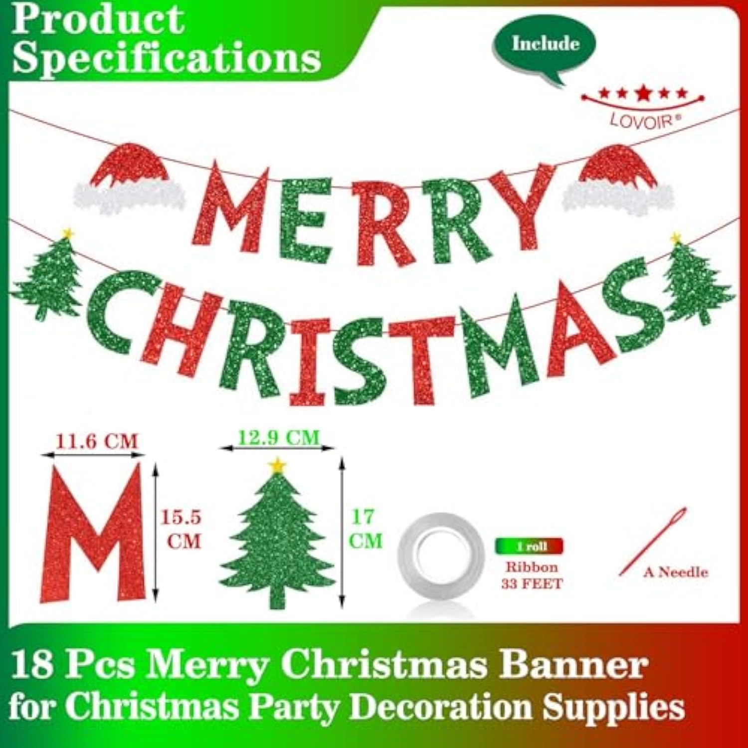Glitter Red And Green Merry Christmas Banner - 18 Pcs Letter Shiny Sign For Xmas Party, Ceremonies, Holiday Decorations With Tree Hat