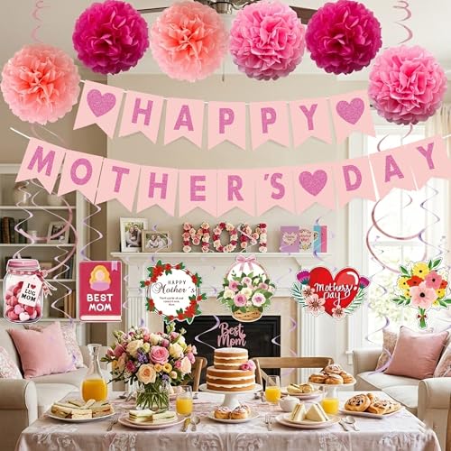 Mother's Day Decorations Set - Happy Mother's Day Glitter Banner, 6Pcs Paper Pom Poms, 14Pcs Hanging Swirls with Flower Cutouts - Pink Floral Party Supplies for Home, Office, Classroom