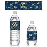 Navy Blue And Gold 90Th Birthday Water Bottle Labels - 20 Waterproof Stickers, 90Th Birthday Party Decorations