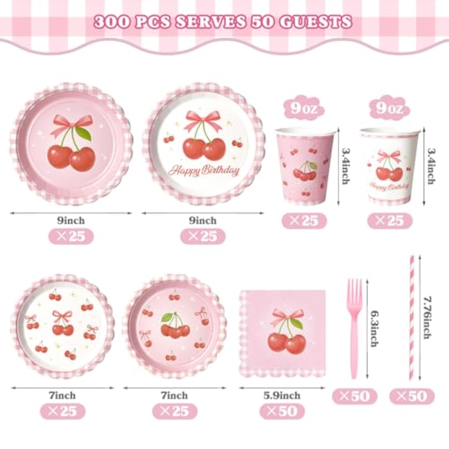 300 Pcs Cherry Plates And Napkins Tableware Set (Serves 50), Plates Napkins Cups Straws And Forks Sets, Cherry Party Birthday Supplies, Tropical Baby Shower Birthday Bridal Party Decorations
