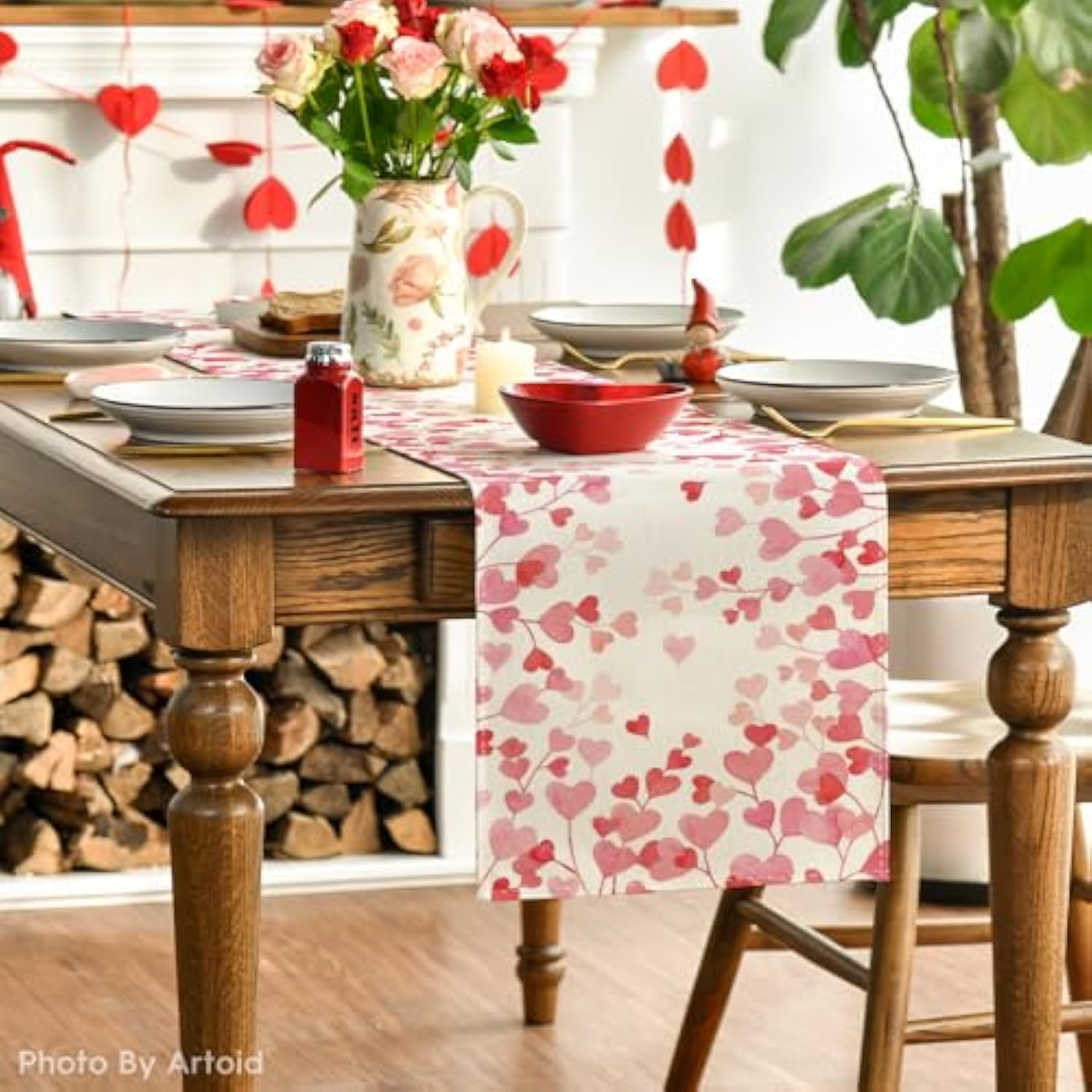 Pink Love Valentine'S Table Runner, Anniversary Wedding Kitchen Dining Table Decoration For Home Party Decor 13X72 Inch