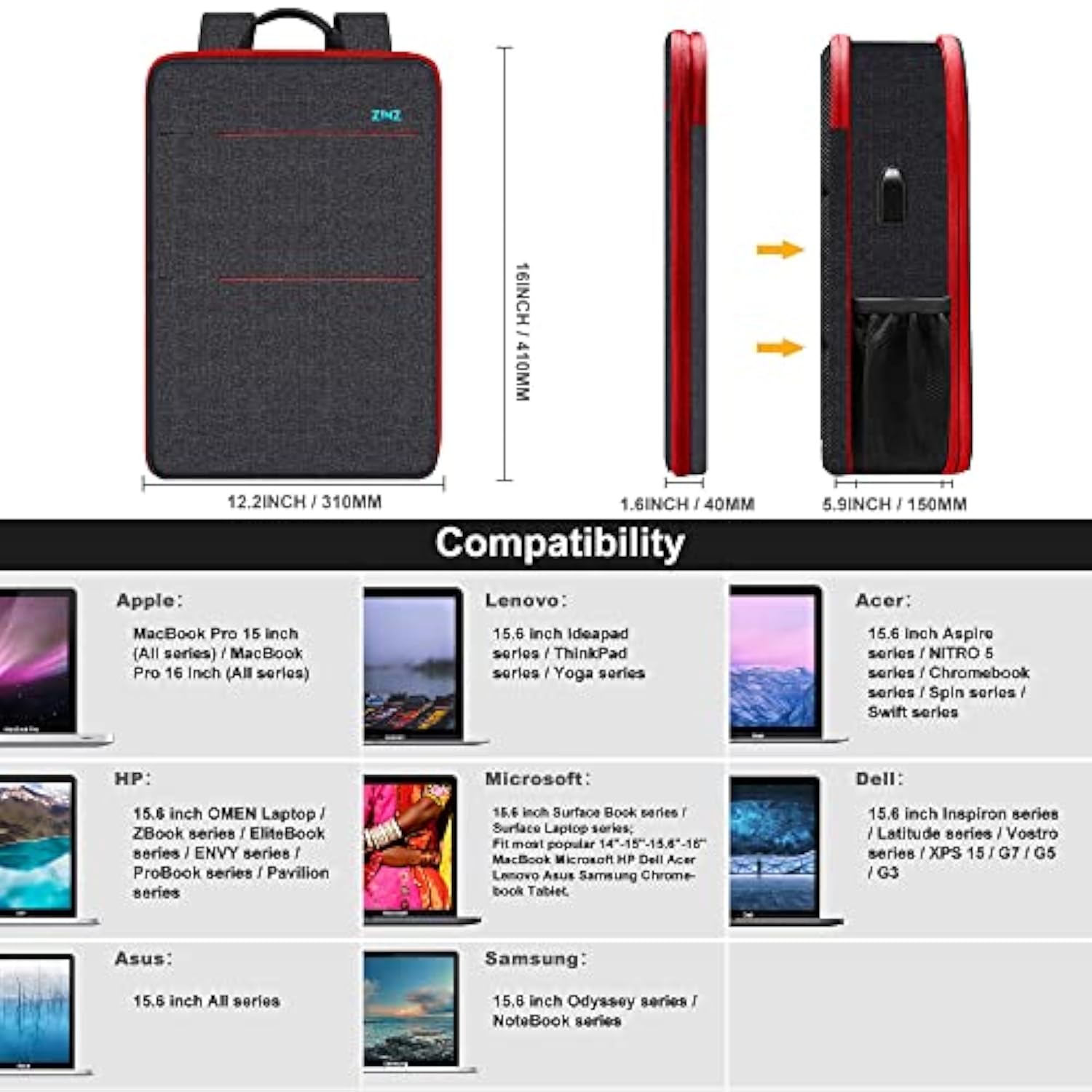 Slim & Expandable Laptop Backpack 15 15.6 16 Inch Sleeve With Usb Port, Spill-Resistant Notebooks Bag Case For Most 14-16 Inch Macbooks Surface-Books Dell Hp Lenovo Asus Computers,B01Rd01