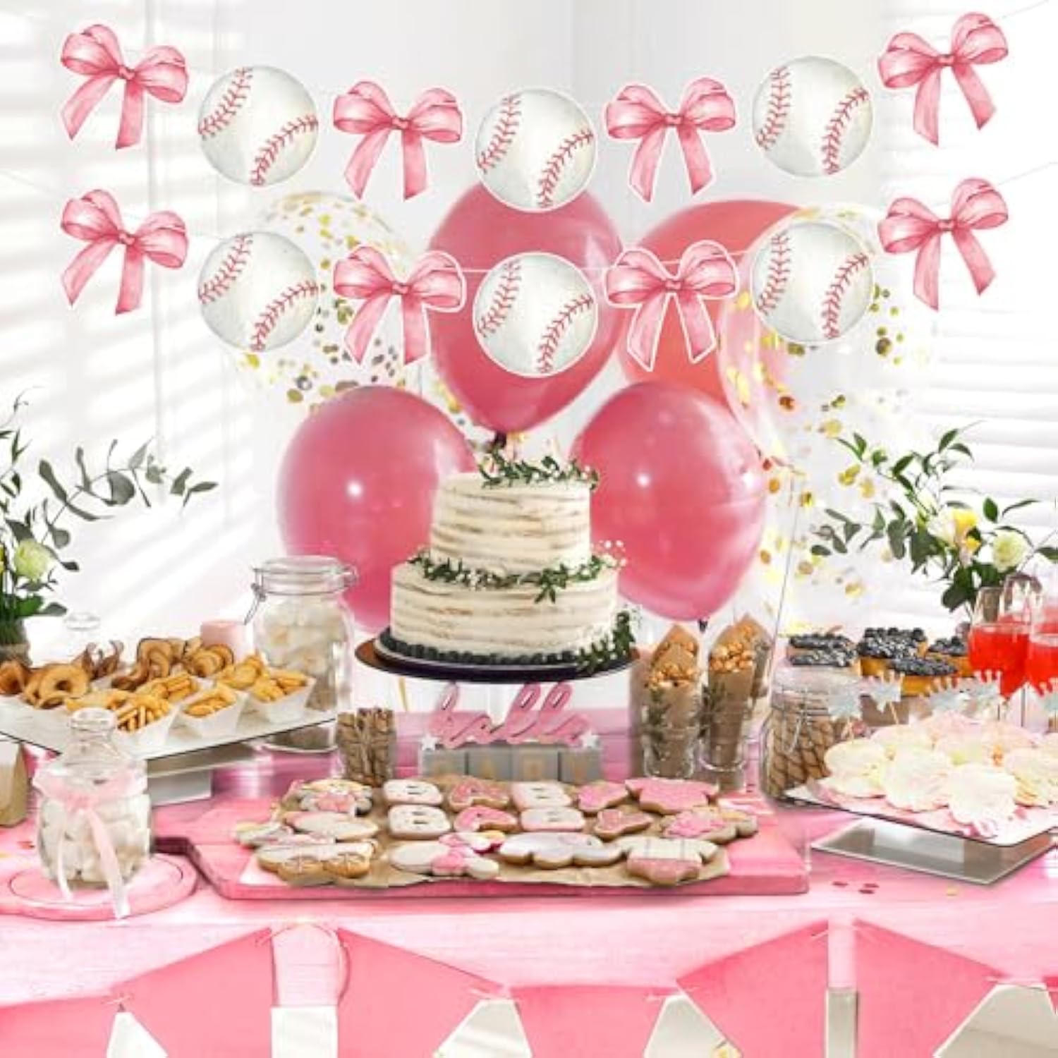 2 Pcs Pink Bow And Baseball Banner Baseball Paper Garland Baseball Party Decorations Sports Theme Hanging Decorations Paper Garland For Baby Shower/Birthday Party Wall Decorations Photo Props