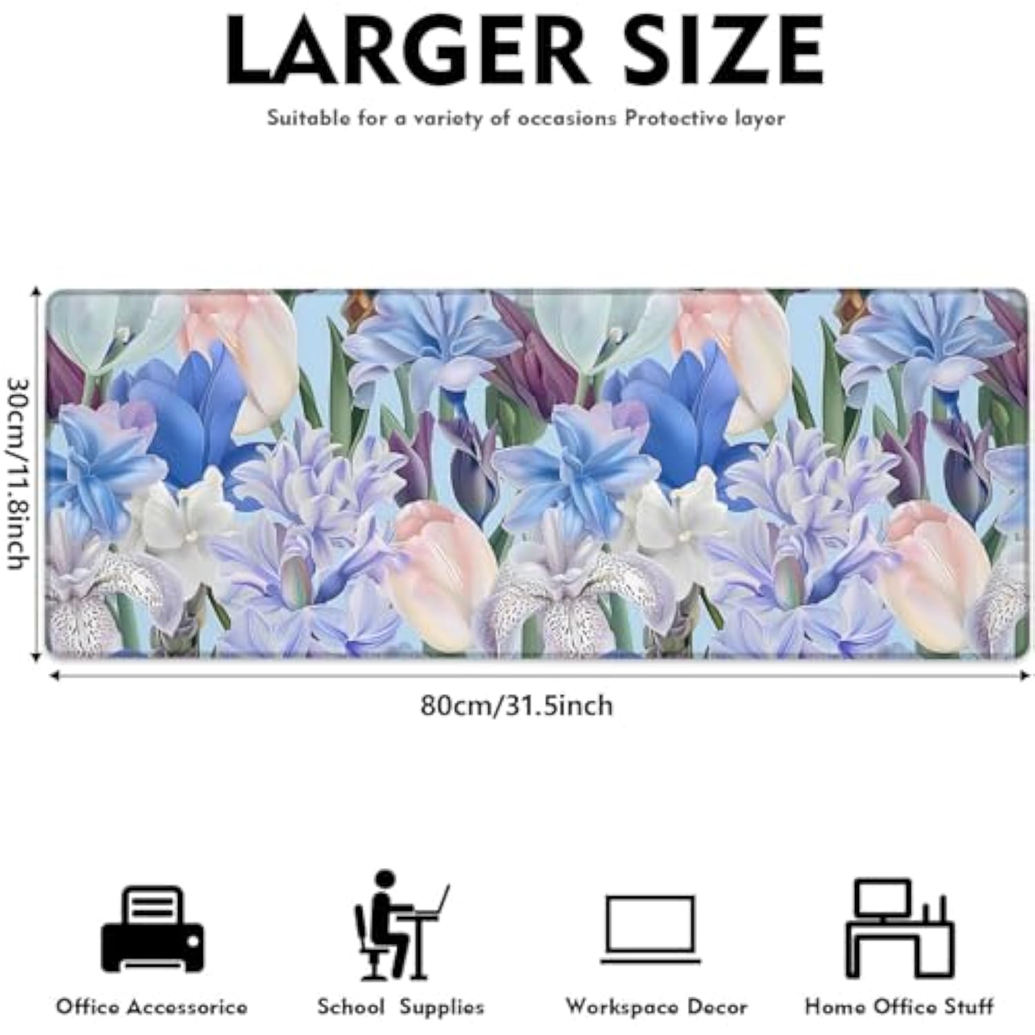 Beautiful Floral Gaming Mouse Pad, Large Soft Blue & White Flower Desk Mat For Keyboard Laptop Computer, Non-Slip Rubber Base Extended Desktop Mousepad For Home Office Accessories 31.5"×11.8"