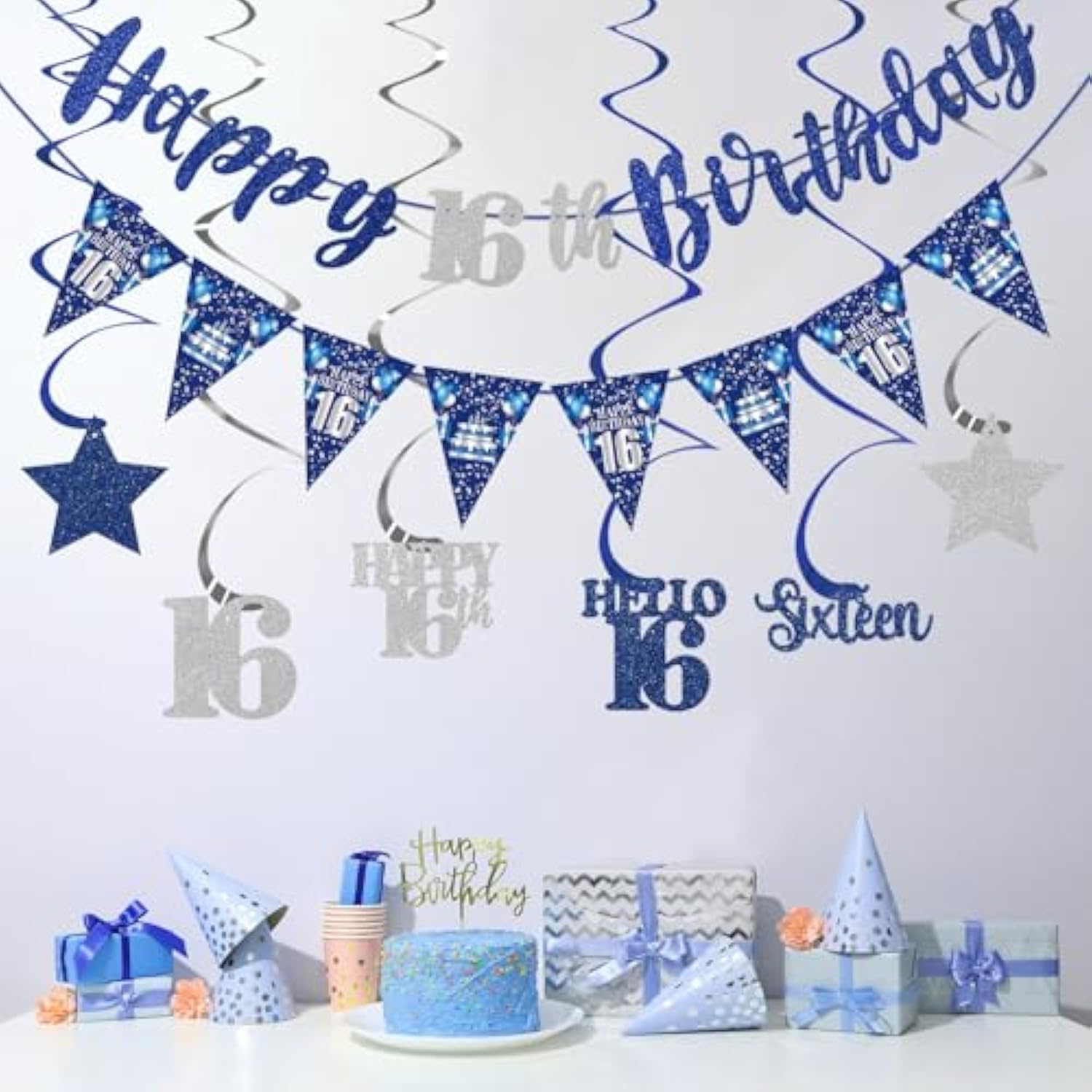 Blue Silver 16th Birthday Banner Stars Swirls Party Decor