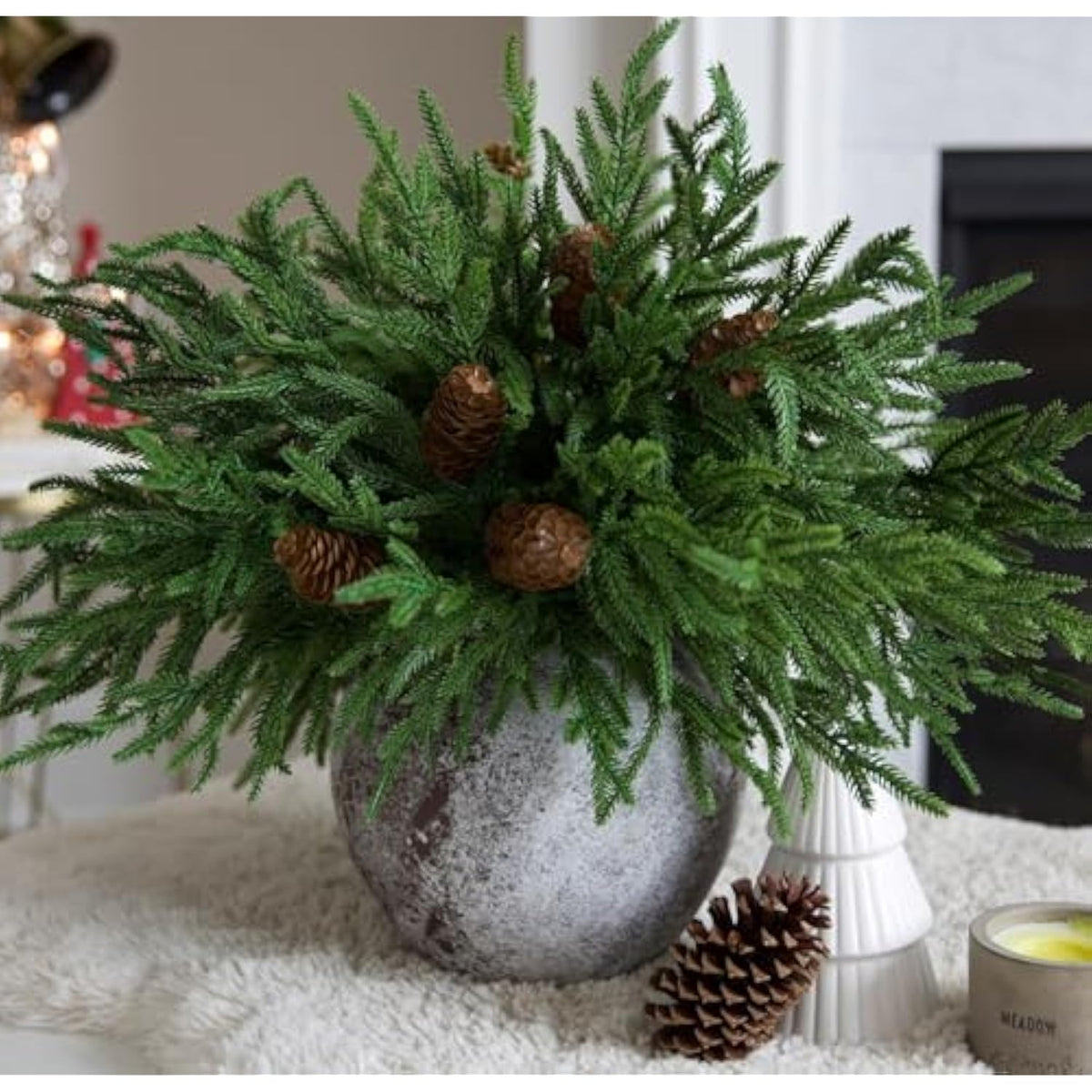 Artificial Christmas Norfolk Pine Stems Branches For Vases,12 Bundles Faux Pine Branches With 5 Pcs Big Pinecones Stems Fake Greenery Evergreen Real Touch For Holiday Winter Table Xmas Decor
