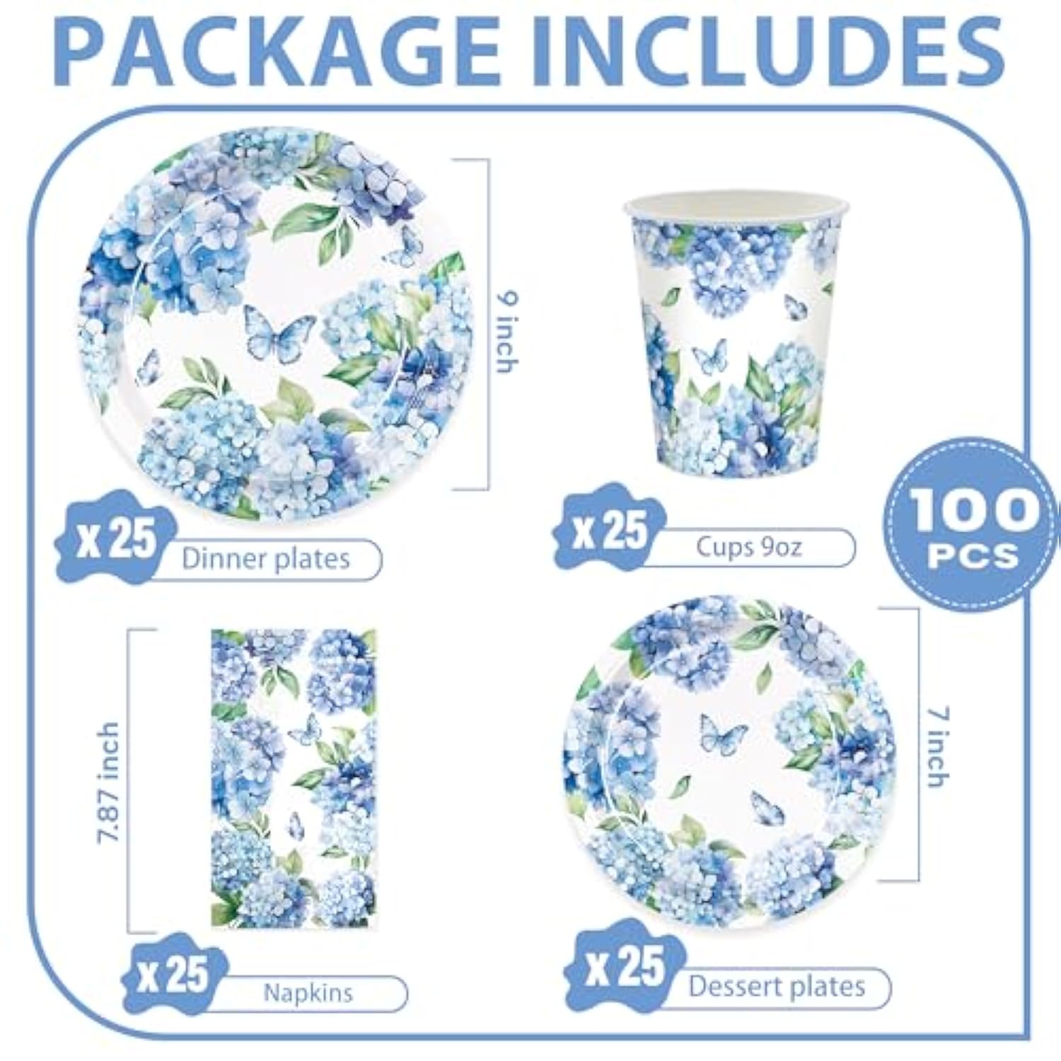 100Pcs Hydrangea Party Supplies Paper Plates Napkins Cups Hydrangea Floral Tableware Set For Summer Wedding Birthday Tea Party Supplies Serve 25 Guests