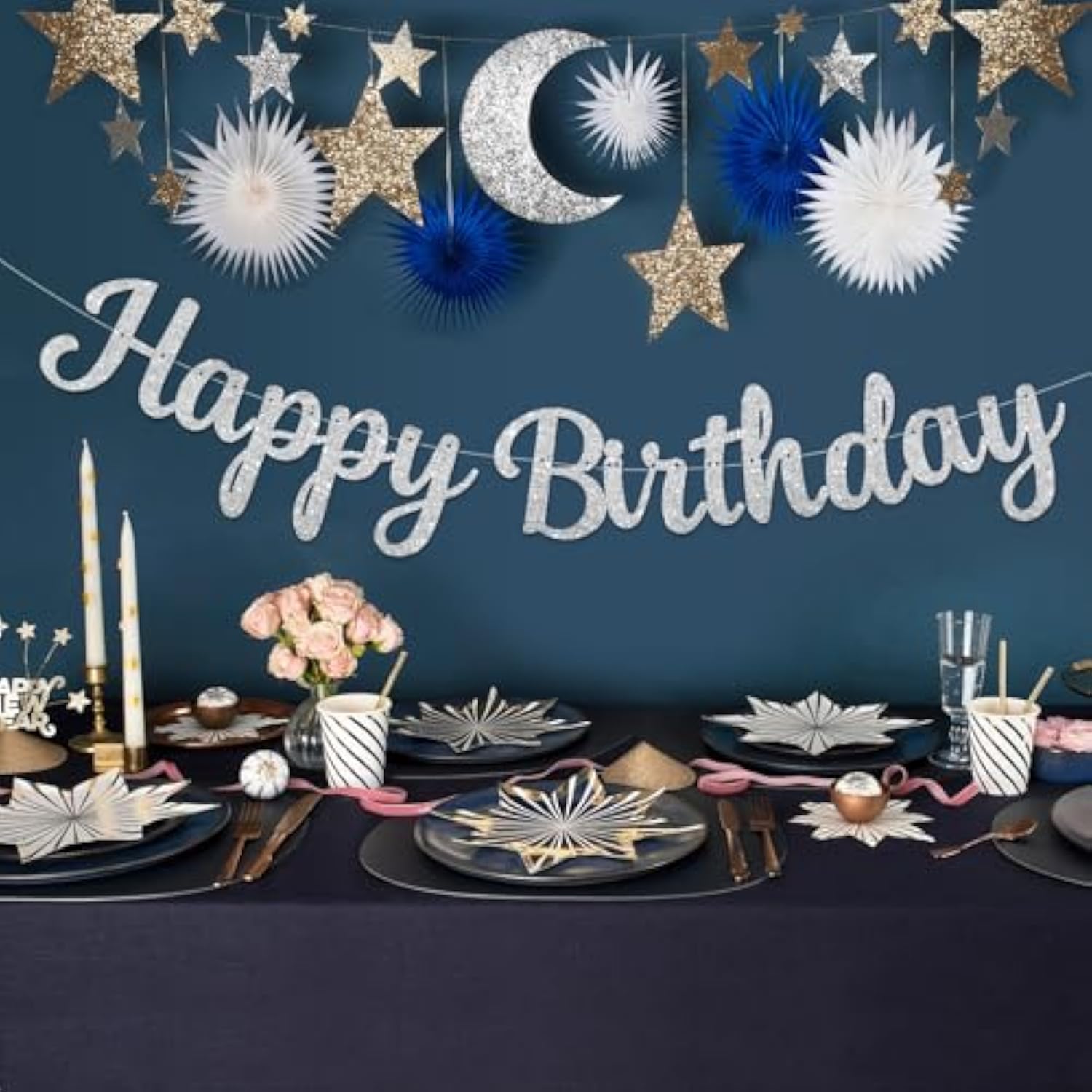 Silver Happy Birthday Banner, Pre-Strung Glitter Silver Birthday Sign, 10 Feet, No Diy, Happy Birthday Garland For Women Men Birthday Party Decorations Supplies