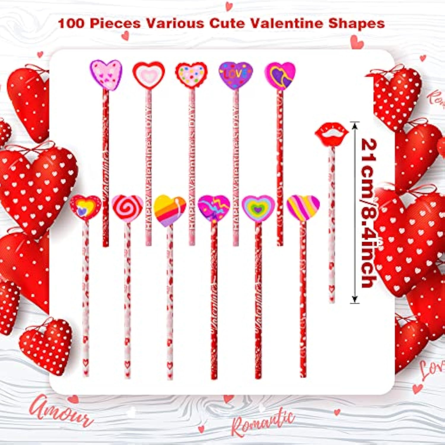 100 Pieces Valentines Cupids Arrow Rose Wood Pencils Wit Giant Love Heart Eraser Assortment Valentines Stationery Pencil For Valentines Party Favors