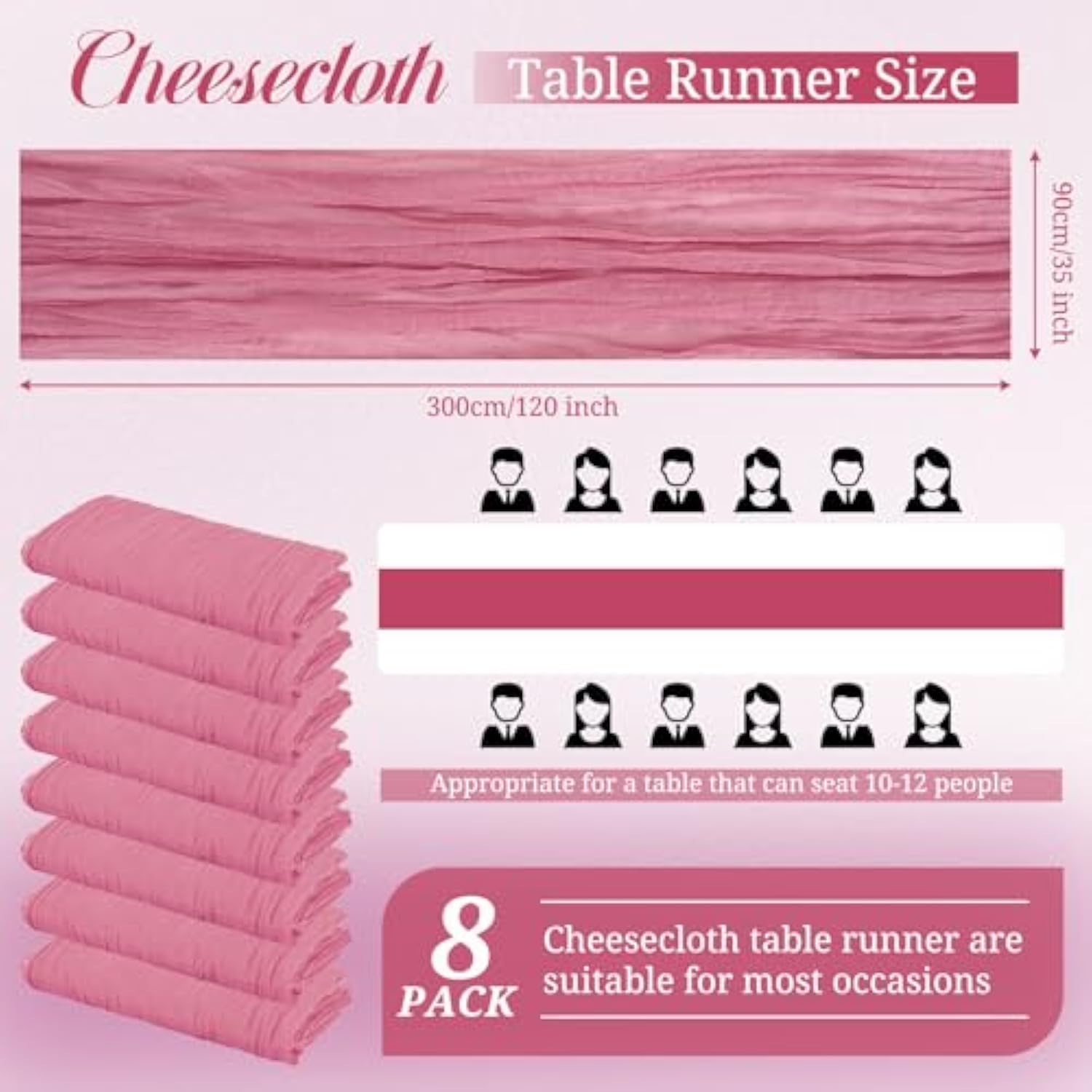 8 Pack Cheesecloth Table Runner, 10Ft Boho Gauze Table Runner 35×120 Inch Rustic Romantic Long Table Runner For Wedding Party Bridal Shower Thanksgiving Christmas Decoration(Dusty Rose)