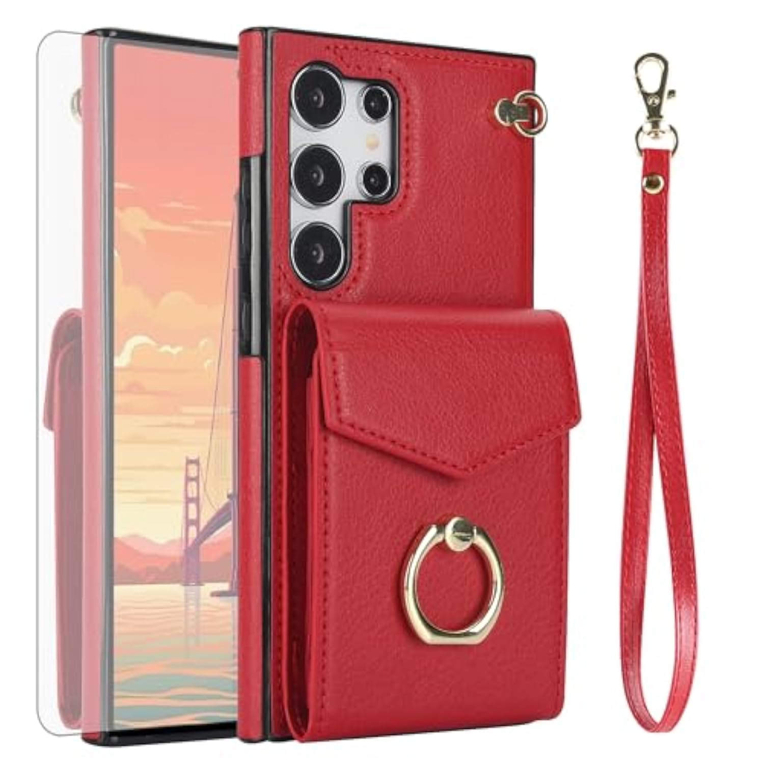 Phone Case For Samsung Galaxy S24 Ultra 5G Wallet Cover With Tempered Glass Screen Protector And Rfid Blocking Ring Card Holder Leather Cell Accessories S24Ultra 24S S 24 24Ultra Women Men Red